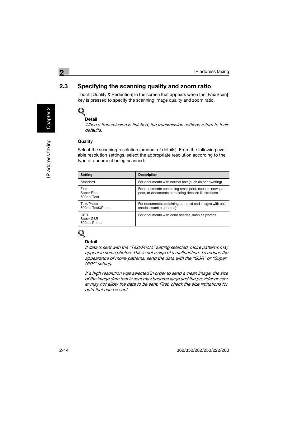 3 specifying the scanning quality and zoom ratio, Quality, Specifying the scanning quality and zoom ratio -14 | Quality -14 | Konica Minolta bizhub 282 User Manual | Page 39 / 288