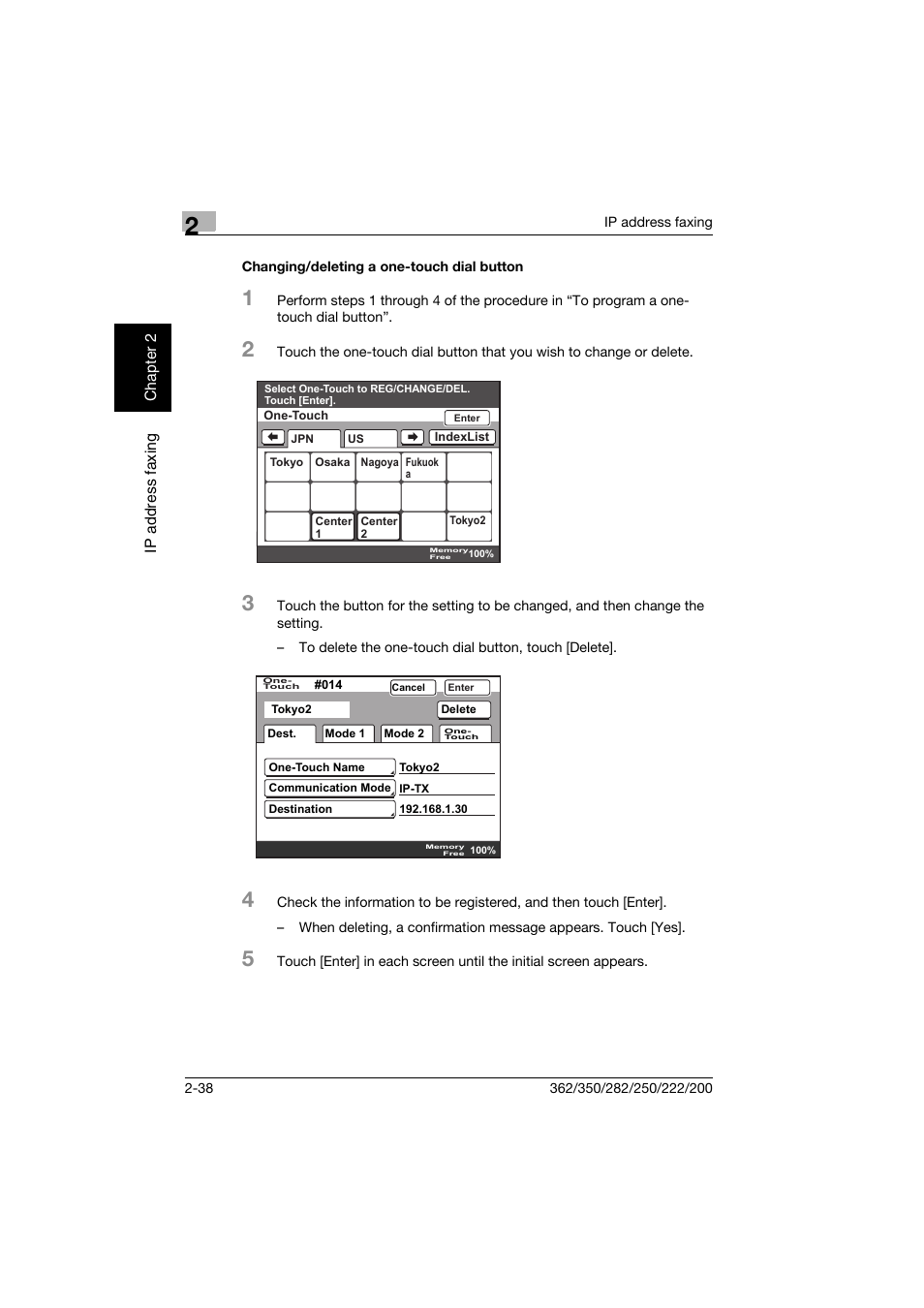 Changing/deleting a one-touch dial button, Changing/deleting a one-touch dial button -38 | Konica Minolta bizhub 282 User Manual | Page 63 / 288