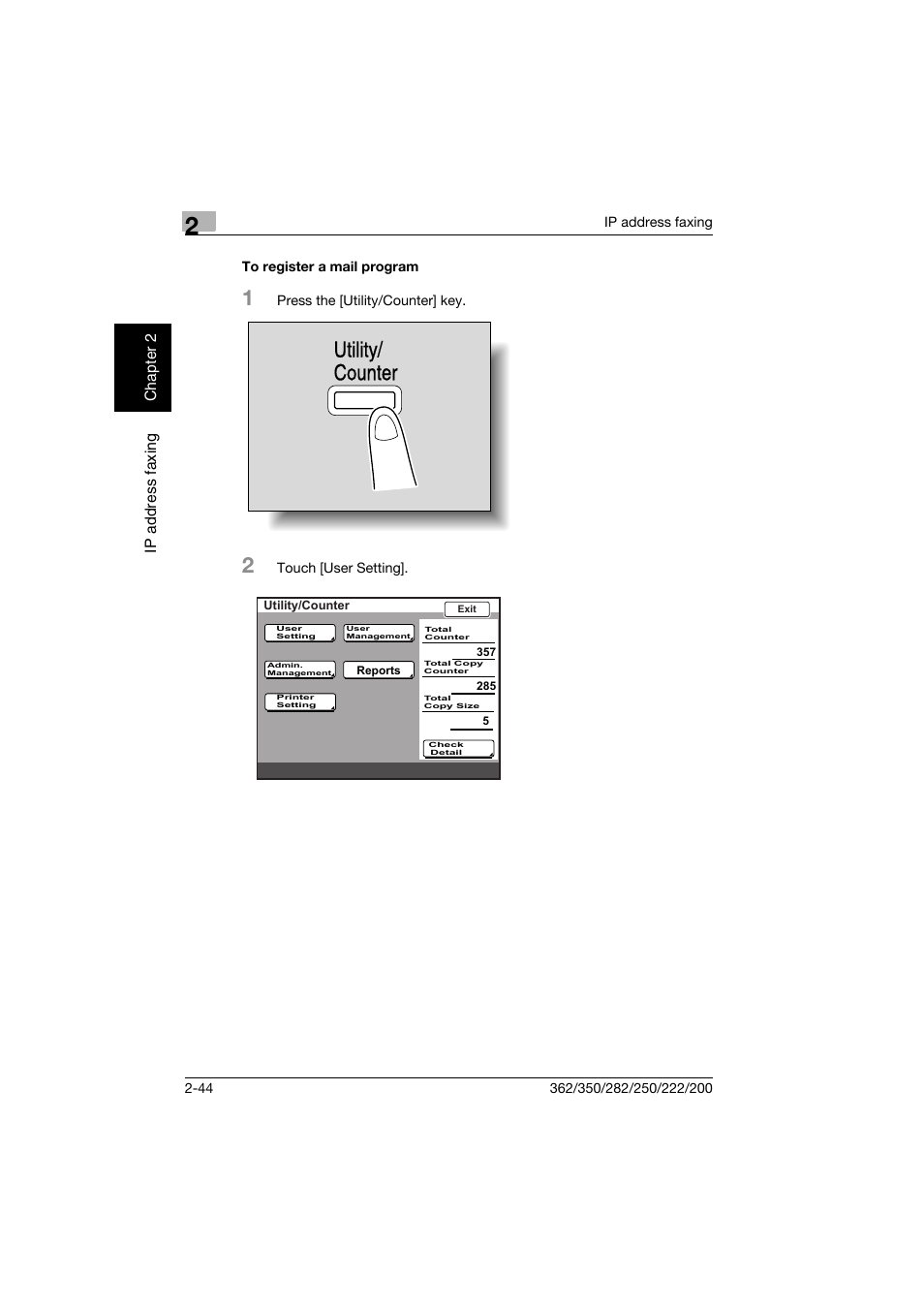 To register a mail program, To register a mail program -44, Utility/ counter | Konica Minolta bizhub 282 User Manual | Page 69 / 288