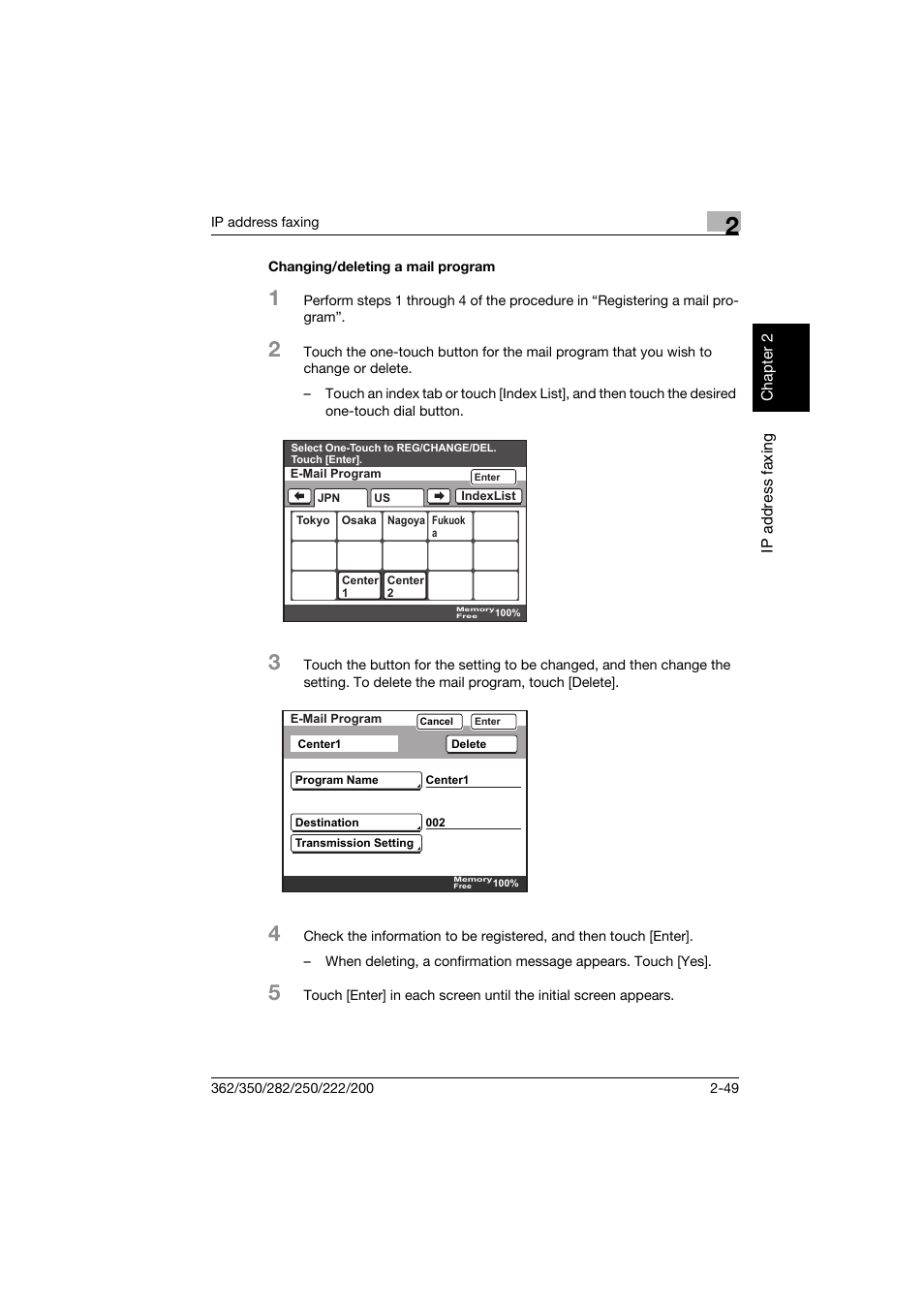 Changing/deleting a mail program, Changing/deleting a mail program -49 | Konica Minolta bizhub 282 User Manual | Page 74 / 288