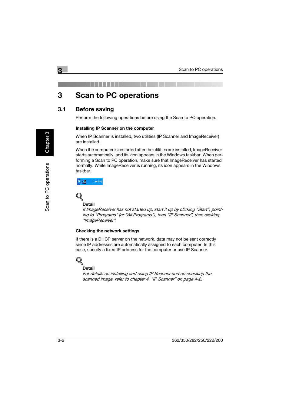3 scan to pc operations, 1 before saving, Installing ip scanner on the computer | Checking the network settings, Scan to pc operations, Before saving -2, 3scan to pc operations | Konica Minolta bizhub 282 User Manual | Page 77 / 288