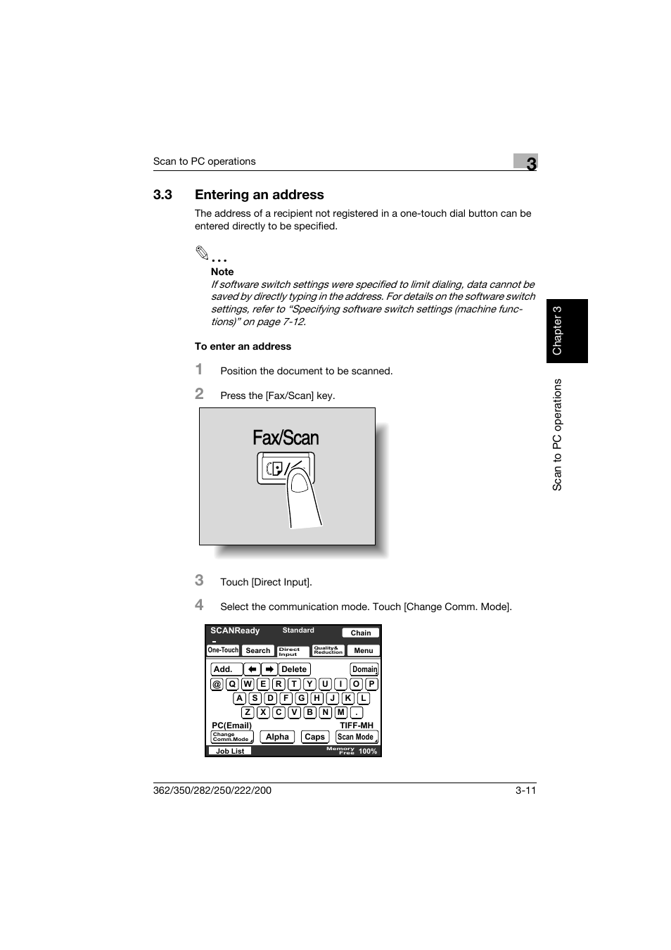 3 entering an address, To enter an address, Entering an address -11 | To enter an address -11, Fax/scan | Konica Minolta bizhub 282 User Manual | Page 86 / 288
