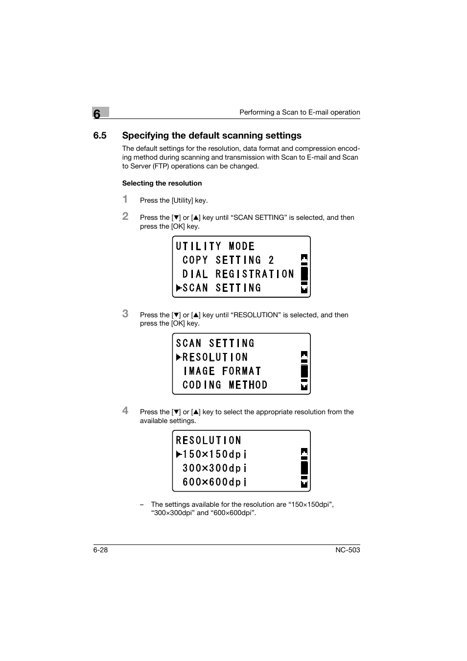 5 specifying the default scanning settings, Selecting the resolution, Specifying the default scanning settings -28 | Selecting the resolution -28 | Konica Minolta NC-503 User Manual | Page 135 / 244
