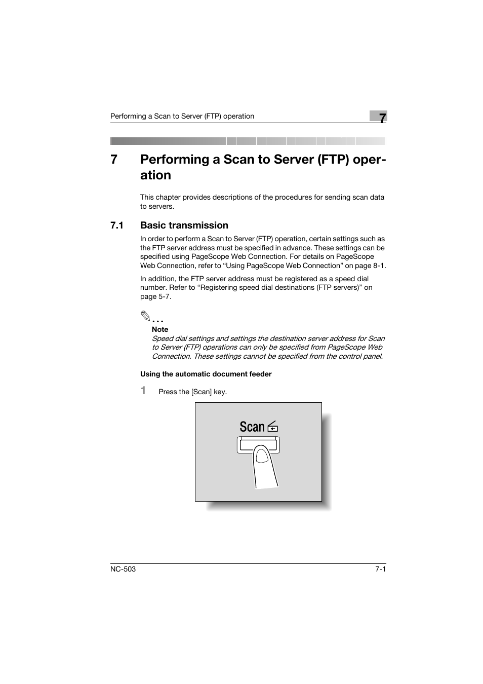 7 performing a scan to server (ftp) operation, 1 basic transmission, Using the automatic document feeder | Performing a scan to server (ftp) operation, Basic transmission -1, Using the automatic document feeder -1, 7performing a scan to server (ftp) oper- ation | Konica Minolta NC-503 User Manual | Page 154 / 244