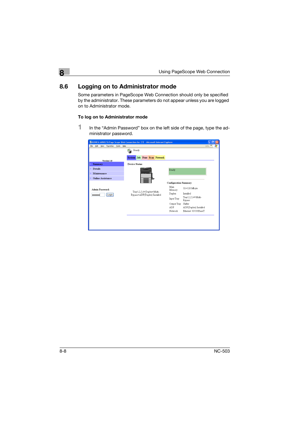 6 logging on to administrator mode, To log on to administrator mode, Logging on to administrator mode -8 | To log on to administrator mode -8 | Konica Minolta NC-503 User Manual | Page 173 / 244