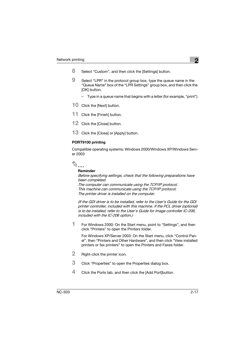 Port9100 printing, Port9100 printing -17 | Konica Minolta NC-503 User Manual | Page 40 / 244
