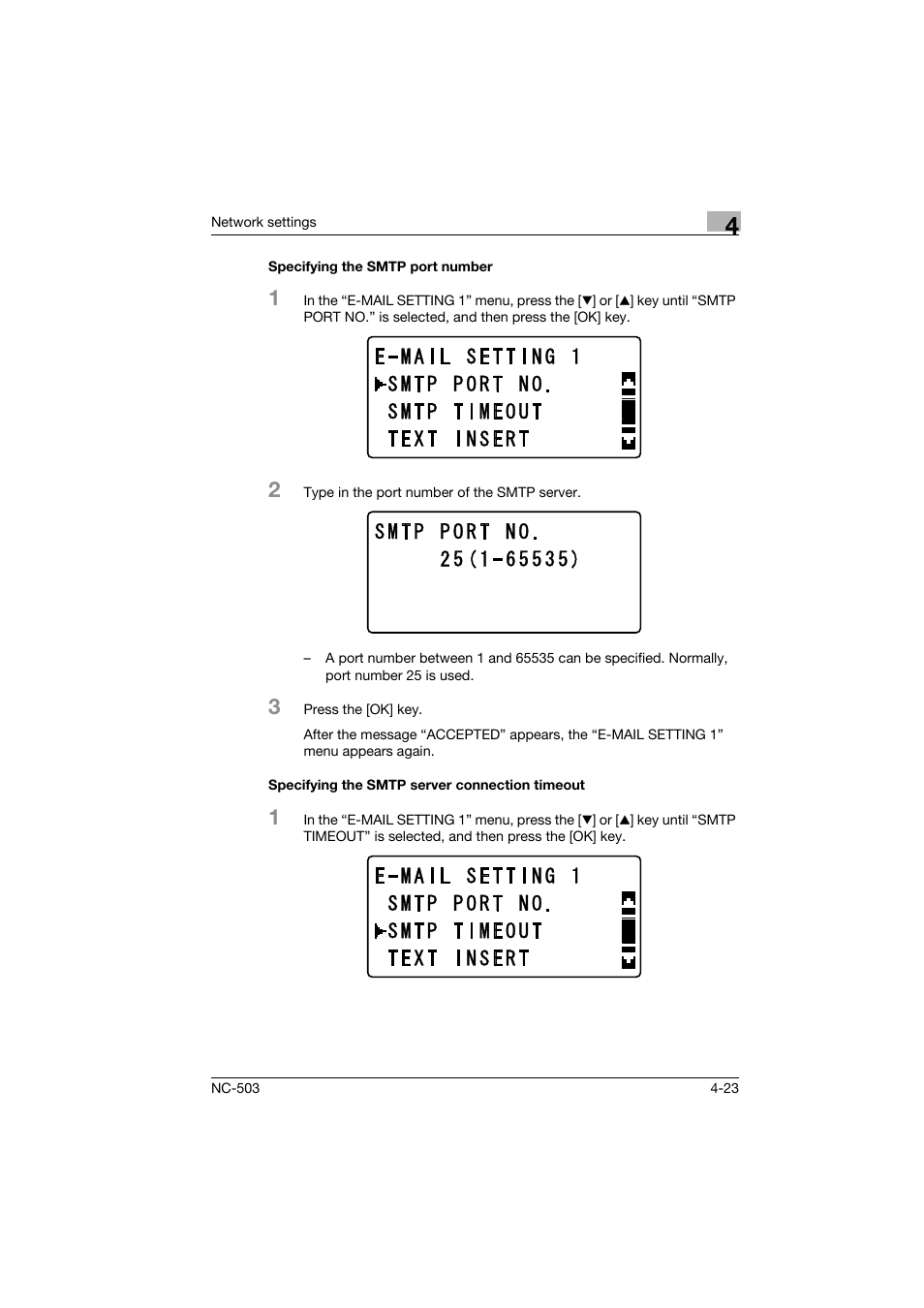 Specifying the smtp port number, Specifying the smtp server connection timeout | Konica Minolta NC-503 User Manual | Page 74 / 244