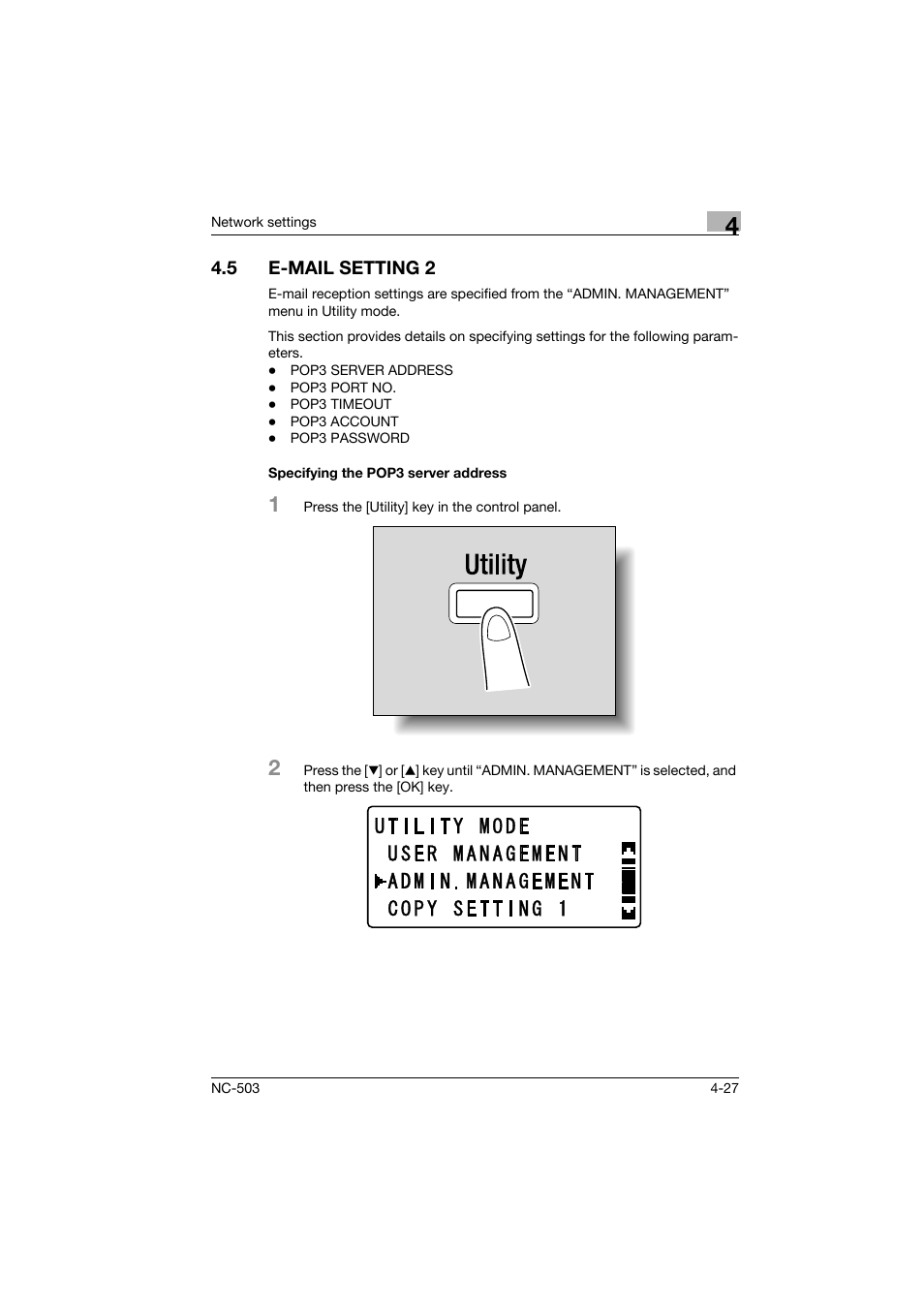5 e-mail setting 2, Specifying the pop3 server address, E-mail setting 2 -27 | Specifying the pop3 server address -27 | Konica Minolta NC-503 User Manual | Page 78 / 244