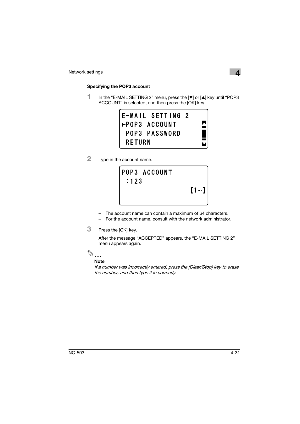 Specifying the pop3 account, Specifying the pop3 account -31 | Konica Minolta NC-503 User Manual | Page 82 / 244