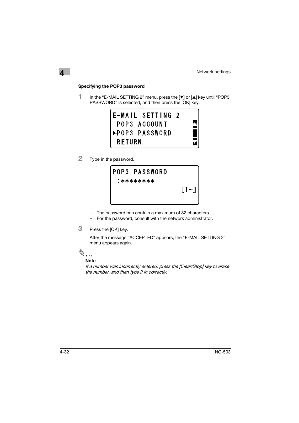 Specifying the pop3 password, Specifying the pop3 password -32 | Konica Minolta NC-503 User Manual | Page 83 / 244
