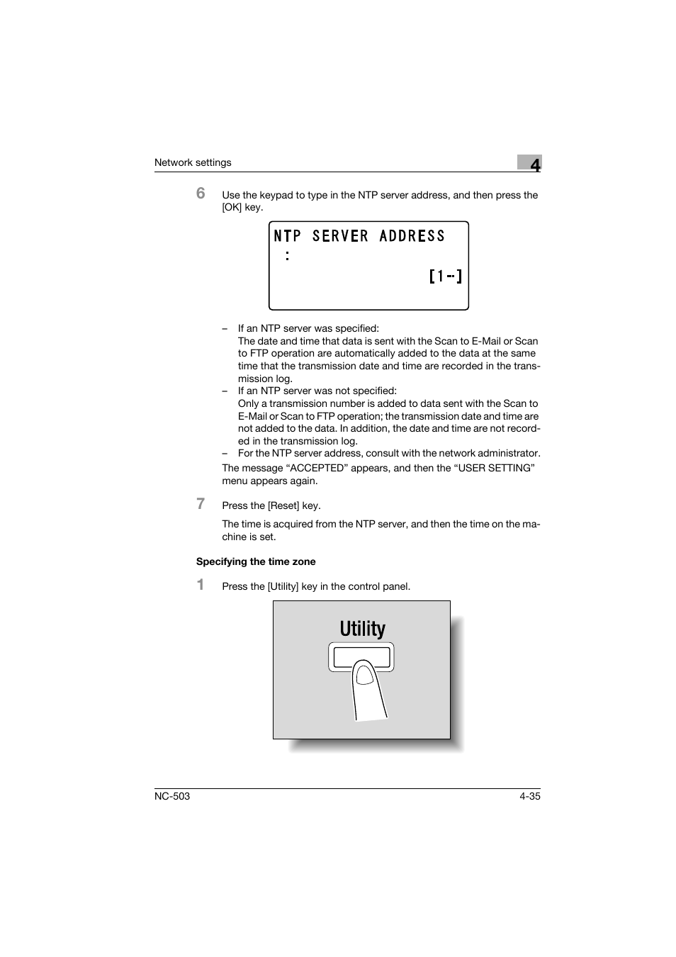 Specifying the time zone, Specifying the time zone -35 | Konica Minolta NC-503 User Manual | Page 86 / 244