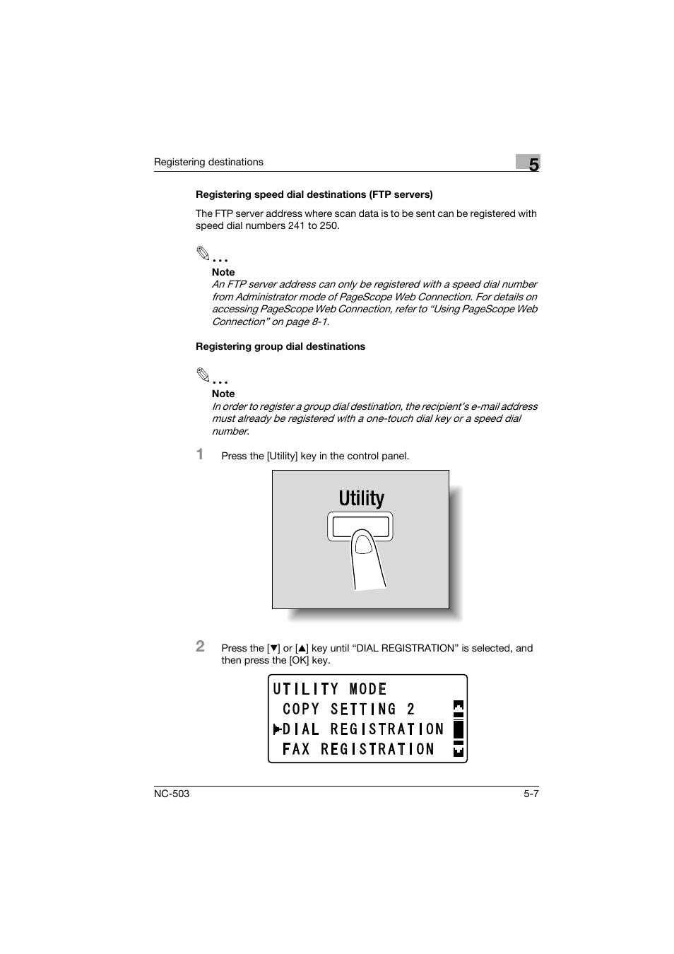 Registering speed dial destinations (ftp servers), Registering group dial destinations | Konica Minolta NC-503 User Manual | Page 96 / 244
