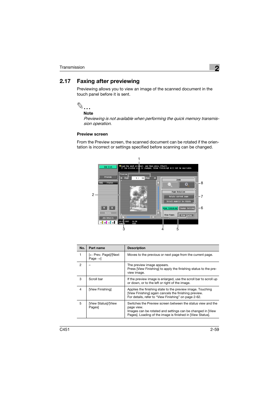 17 faxing after previewing, Preview screen, Faxing after previewing -59 | Preview screen -59 | Konica Minolta bizhub C451 User Manual | Page 102 / 399
