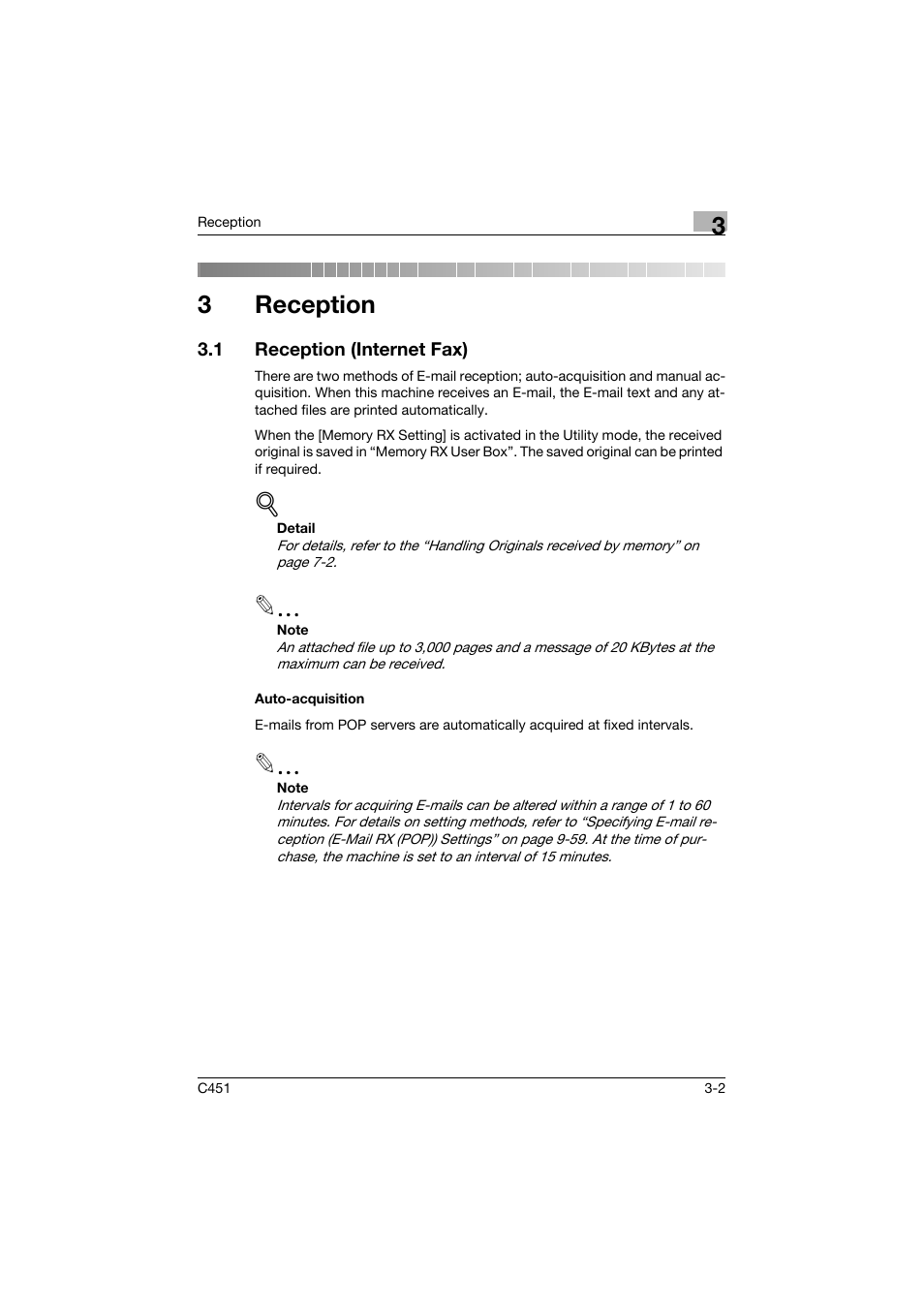 3 reception, 1 reception (internet fax), Auto-acquisition | Reception, Reception (internet fax) -2, Auto-acquisition -2, 3reception | Konica Minolta bizhub C451 User Manual | Page 110 / 399