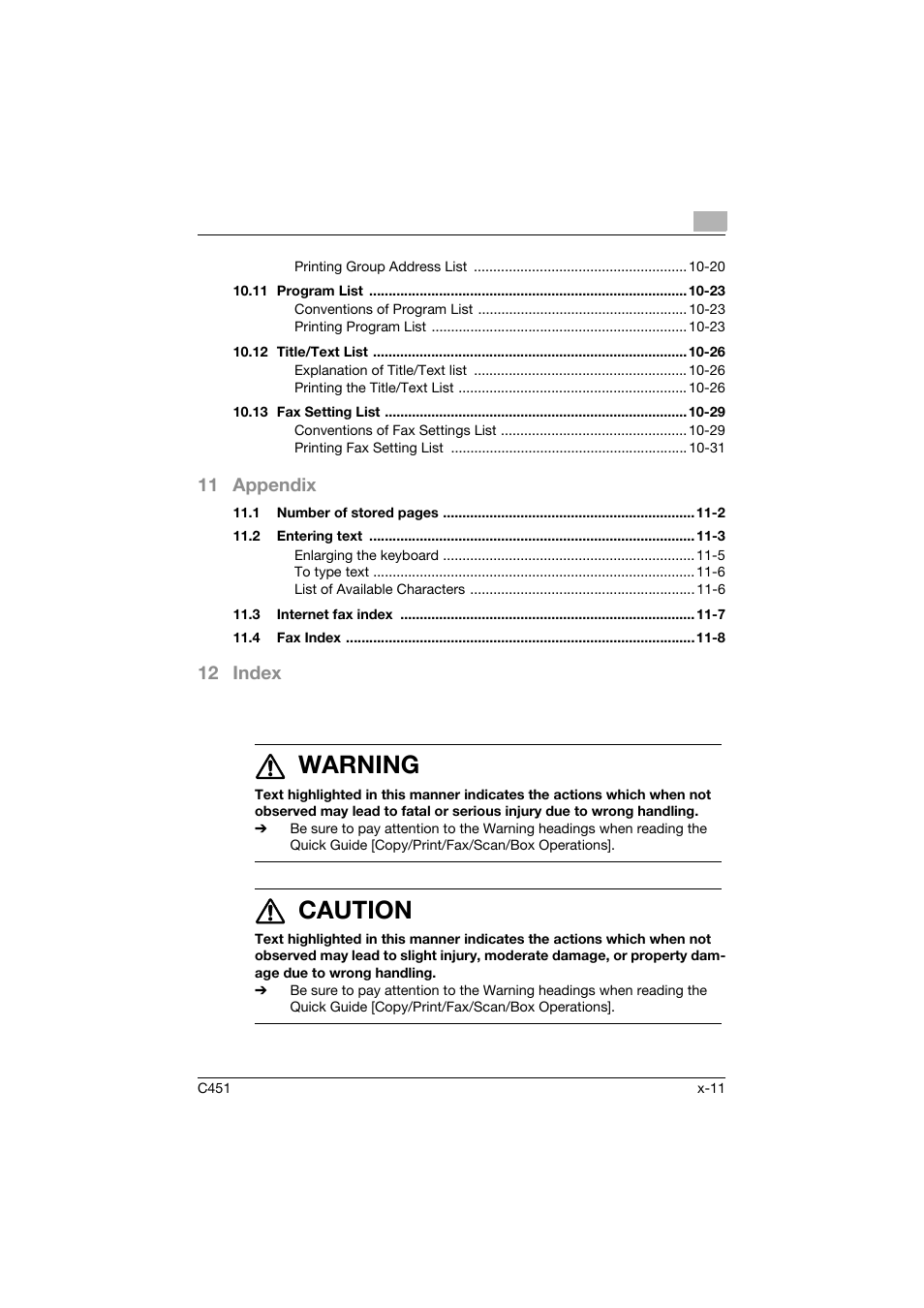 7warning, 7caution, 11 appendix | 12 index | Konica Minolta bizhub C451 User Manual | Page 12 / 399