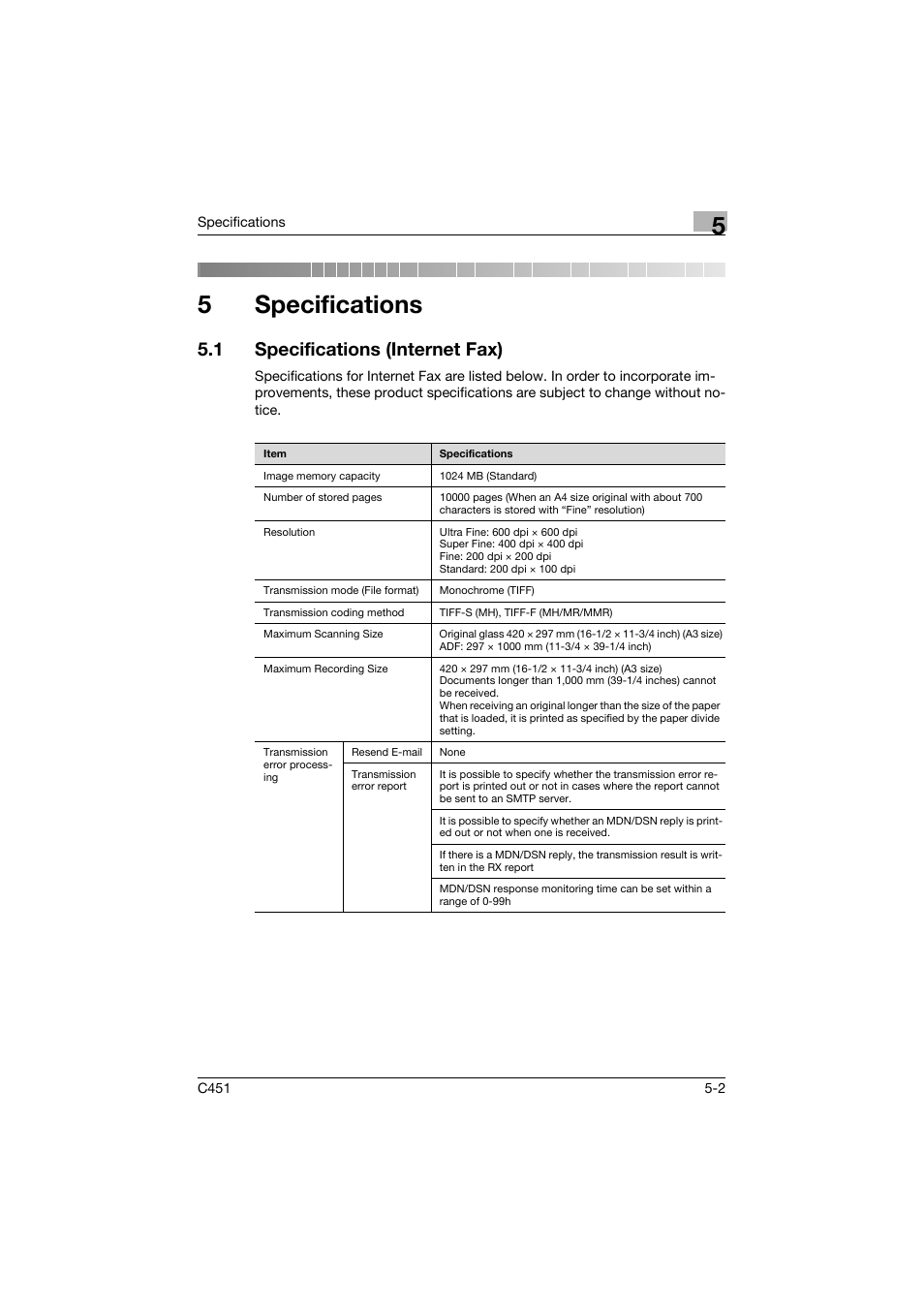 5 specifications, 1 specifications (internet fax), Specifications | Specifications (internet fax) -2, 5specifications | Konica Minolta bizhub C451 User Manual | Page 139 / 399