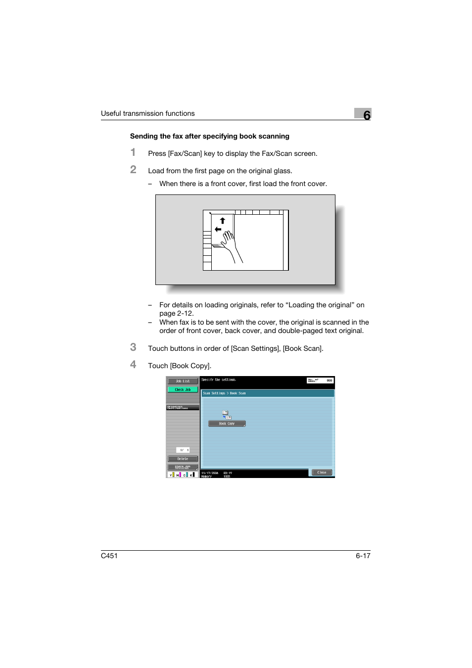 Sending the fax after specifying book scanning, Sending the fax after specifying book scanning -17 | Konica Minolta bizhub C451 User Manual | Page 158 / 399