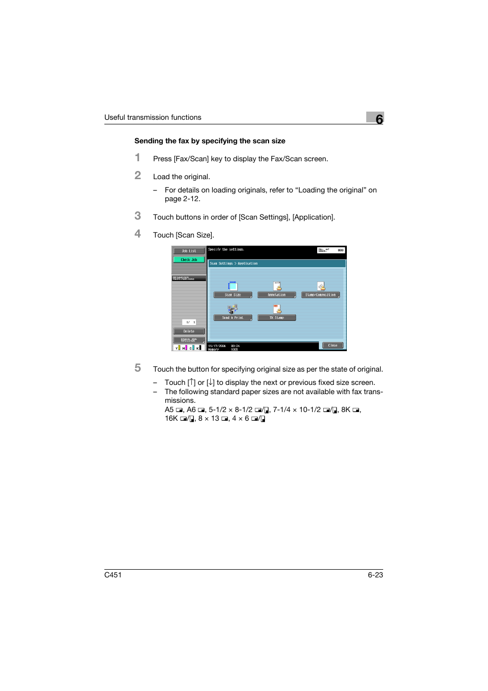 Sending the fax by specifying the scan size, Sending the fax by specifying the scan size -23 | Konica Minolta bizhub C451 User Manual | Page 164 / 399
