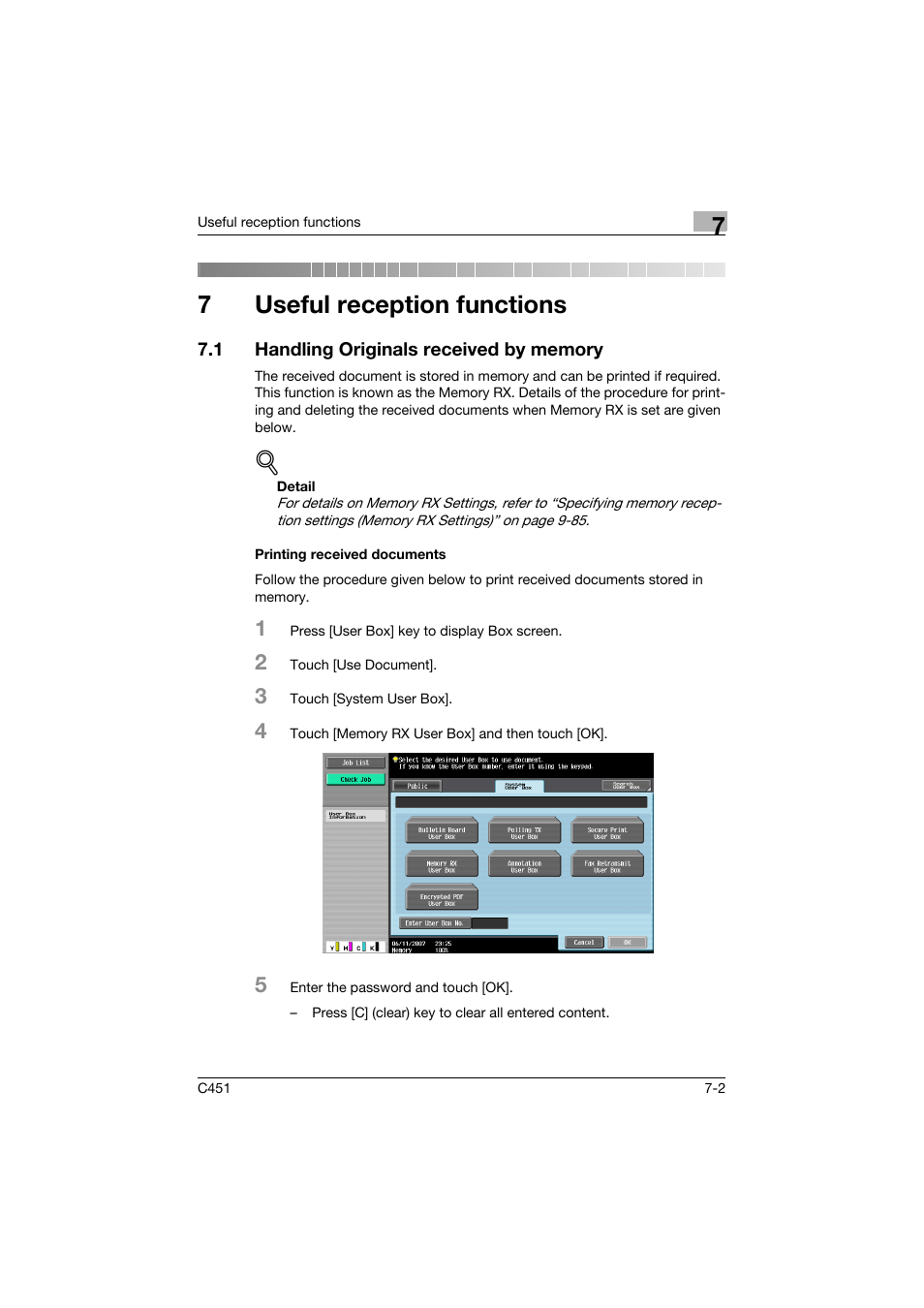 7 useful reception functions, 1 handling originals received by memory, Printing received documents | Useful reception functions, Handling originals received by memory -2, Printing received documents -2, 7useful reception functions | Konica Minolta bizhub C451 User Manual | Page 196 / 399