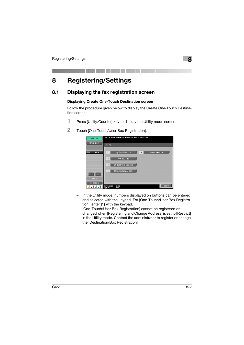 8 registering/settings, 1 displaying the fax registration screen, Displaying create one-touch destination screen | Registering/settings, Displaying the fax registration screen -2, Displaying create one-touch destination screen -2, The “8 registering/settings, 8registering/settings | Konica Minolta bizhub C451 User Manual | Page 200 / 399