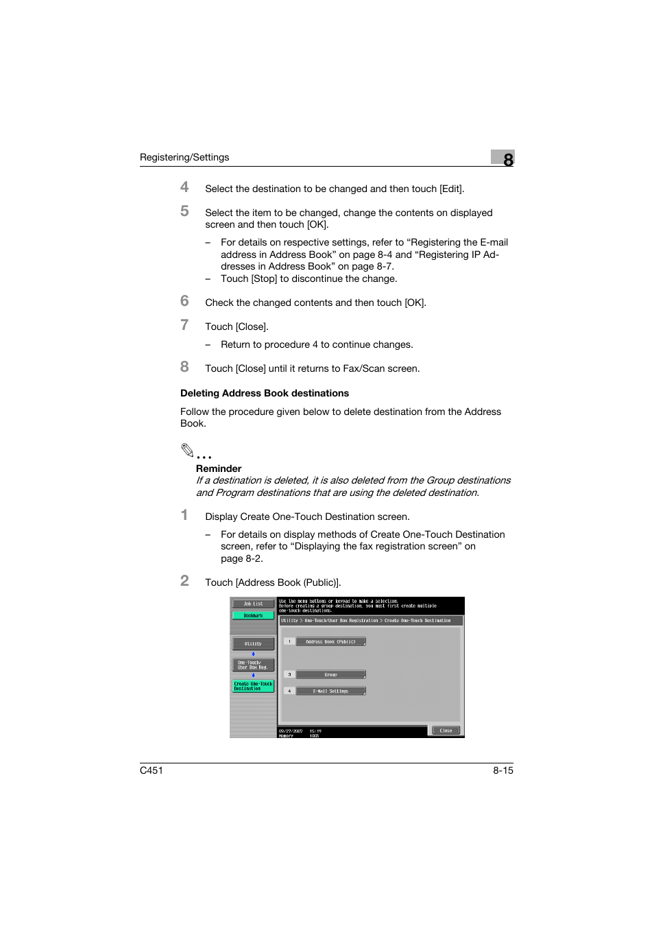 Deleting address book destinations, Deleting address book destinations -15 | Konica Minolta bizhub C451 User Manual | Page 213 / 399