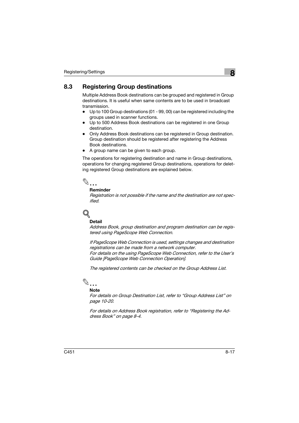 3 registering group destinations, Registering group destinations -17 | Konica Minolta bizhub C451 User Manual | Page 215 / 399