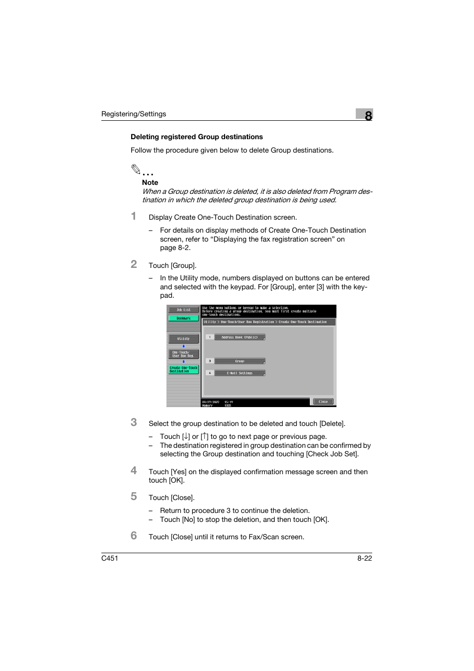 Deleting registered group destinations, Deleting registered group destinations -22 | Konica Minolta bizhub C451 User Manual | Page 220 / 399