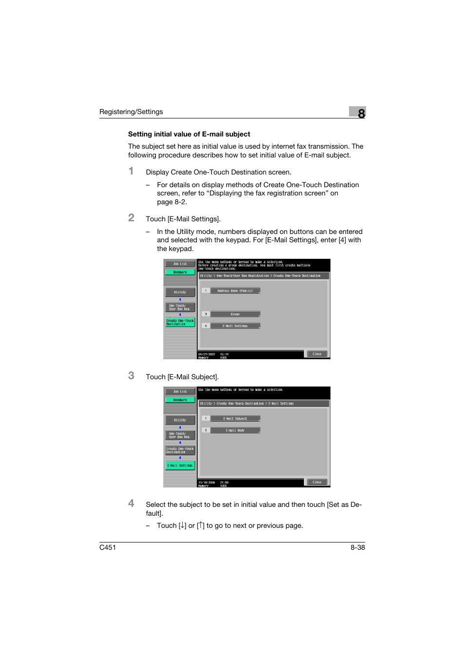 Setting initial value of e-mail subject, Setting initial value of e-mail subject -38 | Konica Minolta bizhub C451 User Manual | Page 236 / 399
