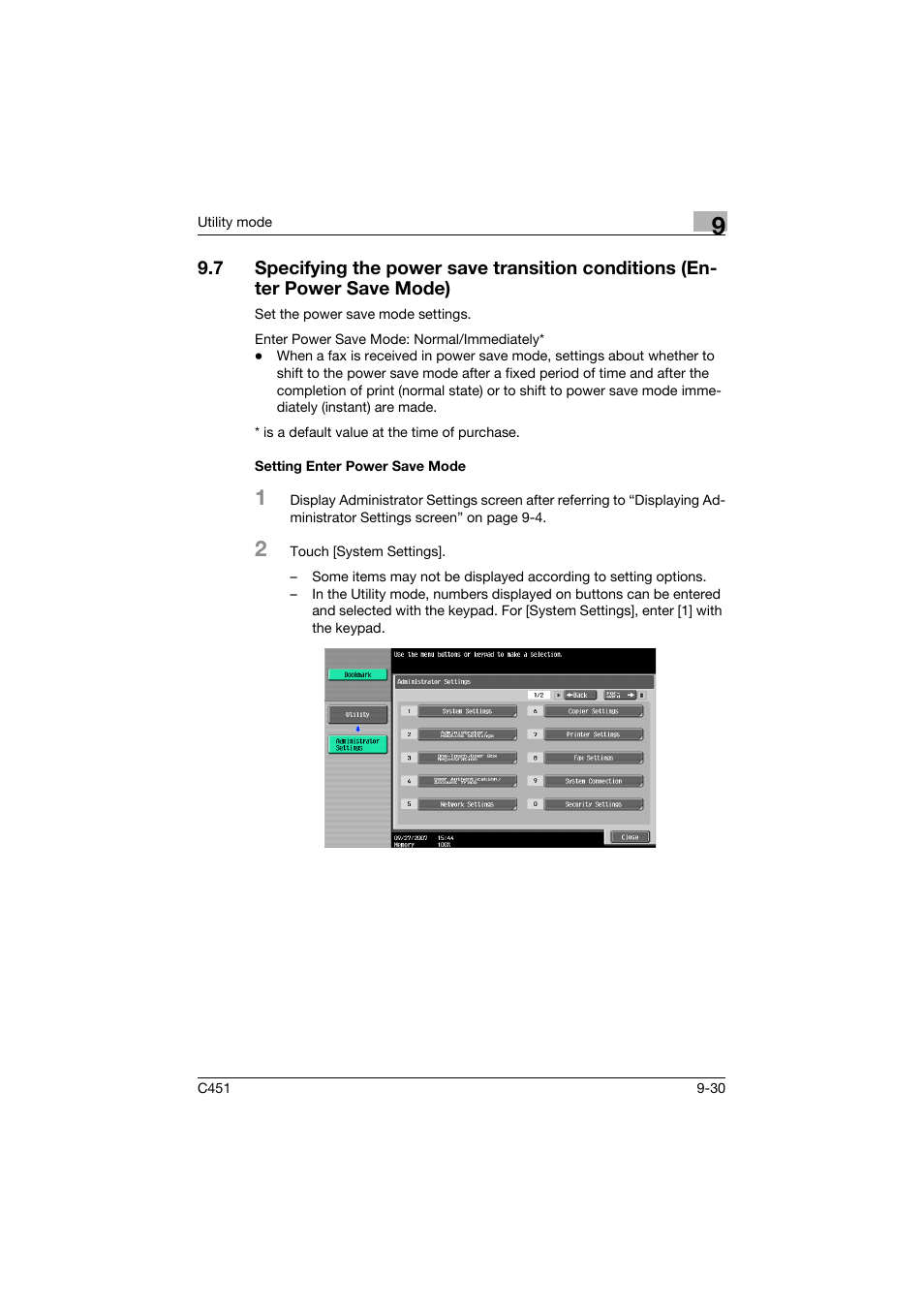Setting enter power save mode, Setting enter power save mode -30 | Konica Minolta bizhub C451 User Manual | Page 276 / 399