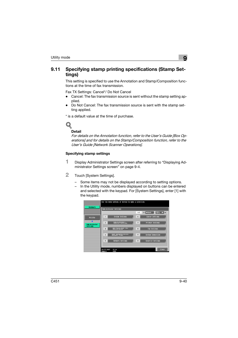 Specifying stamp settings, Specifying stamp settings -40 | Konica Minolta bizhub C451 User Manual | Page 286 / 399