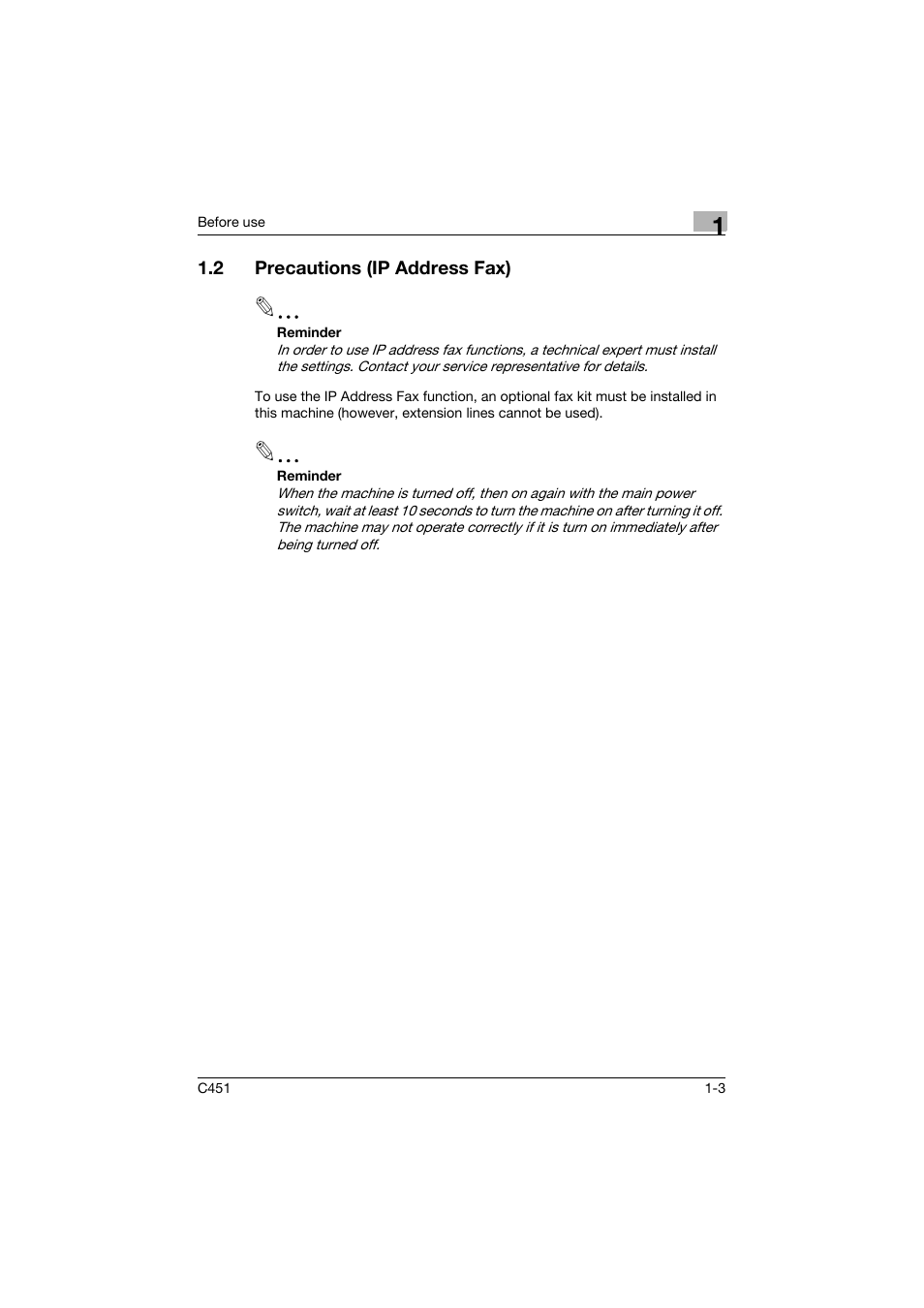 2 precautions (ip address fax), Precautions (ip address fax) -3 | Konica Minolta bizhub C451 User Manual | Page 31 / 399
