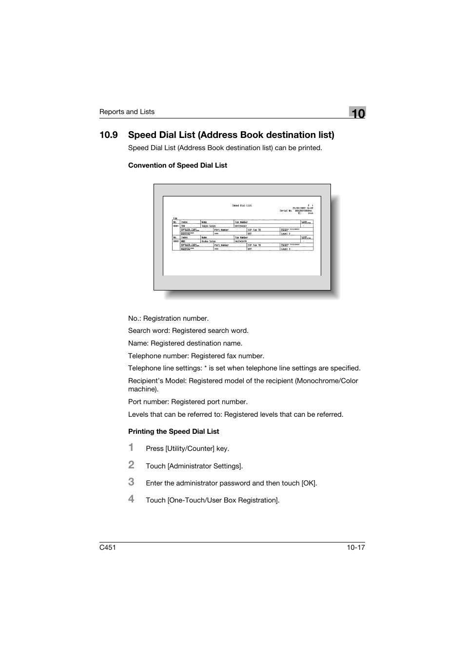 9 speed dial list (address book destination list), Convention of speed dial list, Printing the speed dial list | Konica Minolta bizhub C451 User Manual | Page 368 / 399