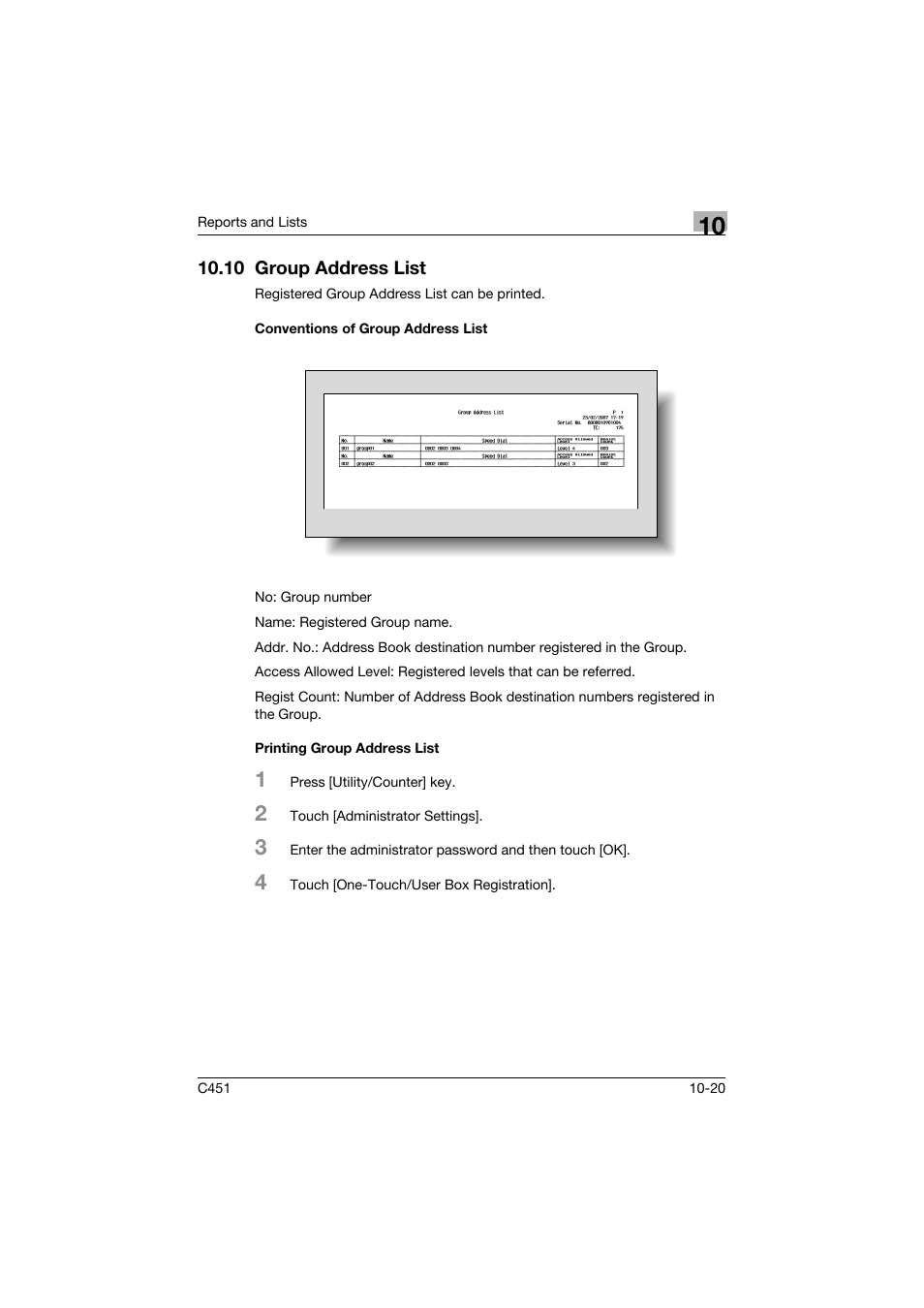 10 group address list, Conventions of group address list, Printing group address list | 10 group address list -20, Conventions of group address list -20, Printing group address list -20 | Konica Minolta bizhub C451 User Manual | Page 371 / 399