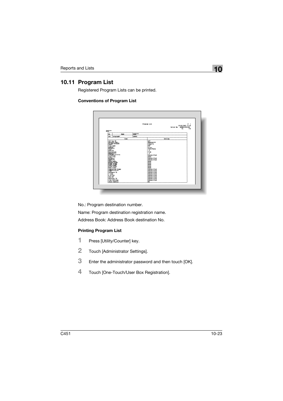 11 program list, Conventions of program list, Printing program list | 11 program list -23 | Konica Minolta bizhub C451 User Manual | Page 374 / 399