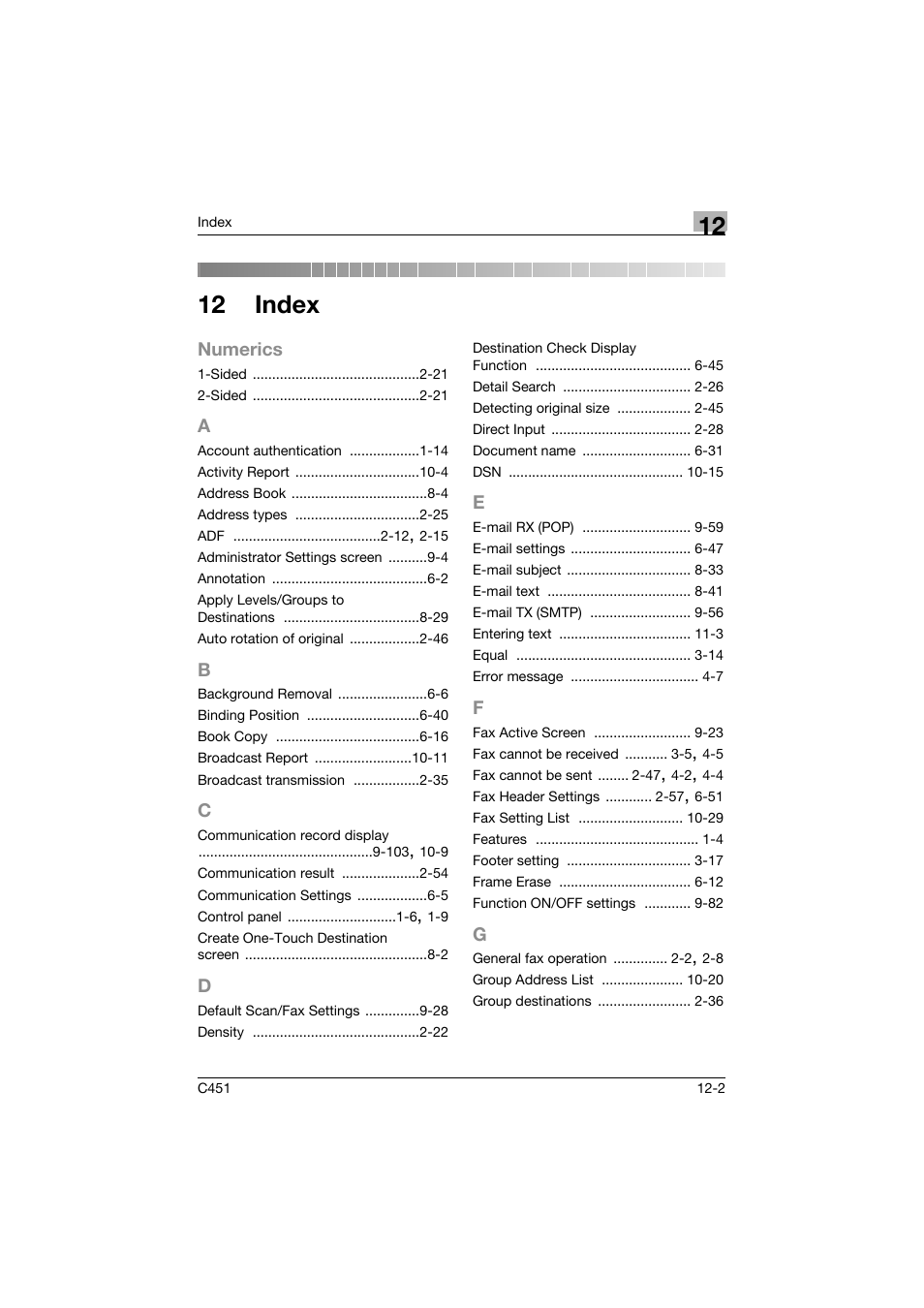 12 index, A to g, Numerics | Konica Minolta bizhub C451 User Manual | Page 396 / 399