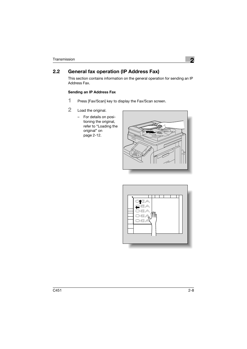 2 general fax operation (ip address fax), Sending an ip address fax, General fax operation (ip address fax) -8 | Sending an ip address fax -8 | Konica Minolta bizhub C451 User Manual | Page 51 / 399