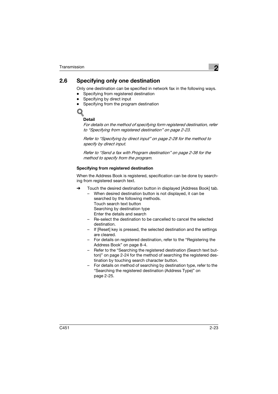 6 specifying only one destination, Specifying from registered destination, Specifying only one destination -23 | Specifying from registered destination -23 | Konica Minolta bizhub C451 User Manual | Page 66 / 399