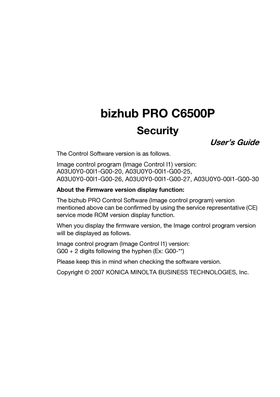 Bizhub pro c6500p, Security, User’s guide | Konica Minolta bizhub PRO C6500P User Manual | Page 3 / 32