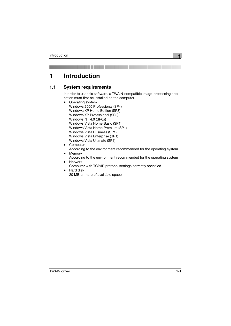 1 introduction, 1 system requirements, Introduction | System requirements -1, 1introduction | Konica Minolta BIZHUB C552 User Manual | Page 7 / 31