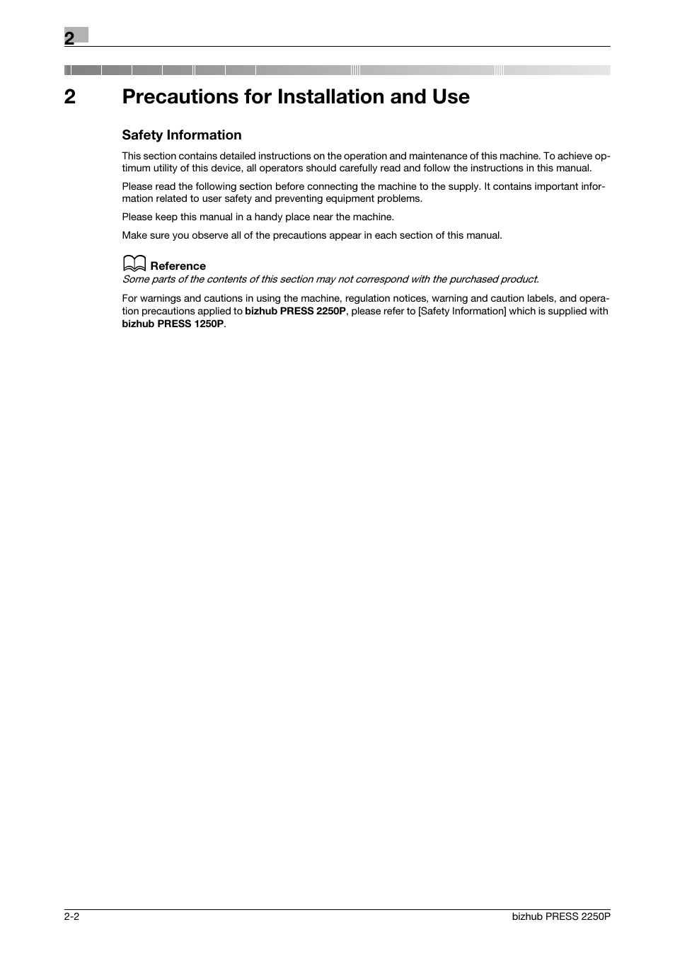 2 precautions for installation and use, Precautions for installation and use, 2precautions for installation and use | Konica Minolta bizhub PRESS 2250P User Manual | Page 10 / 28
