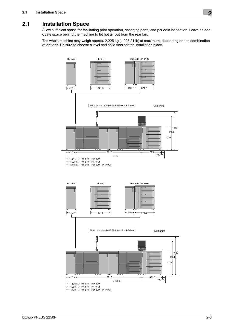 1 installation space, Installation space -3 | Konica Minolta bizhub PRESS 2250P User Manual | Page 11 / 28