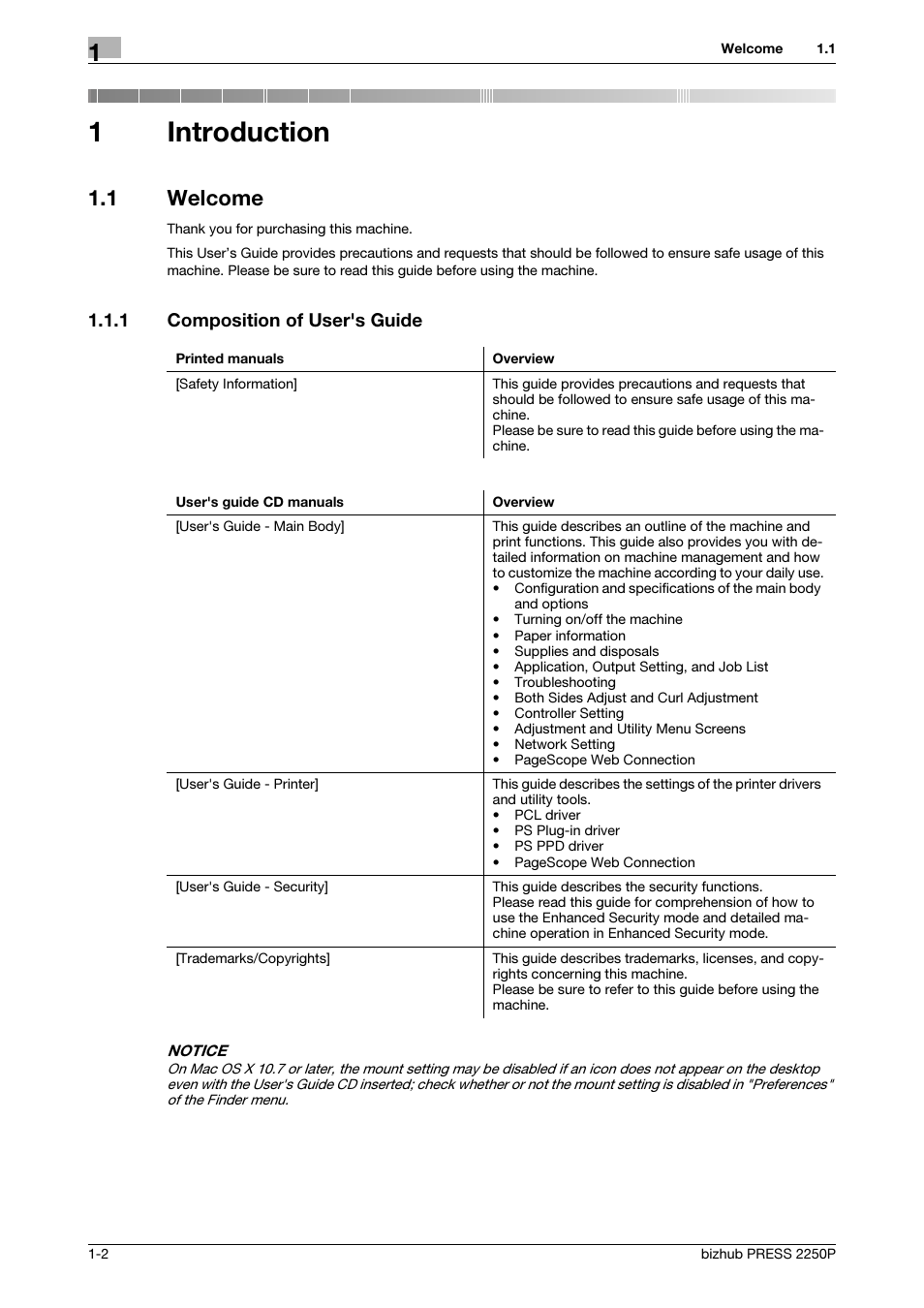 1 introduction, 1 welcome, 1 composition of user's guide | Introduction, Welcome -2, Composition of user's guide -2, 1introduction | Konica Minolta bizhub PRESS 2250P User Manual | Page 6 / 28