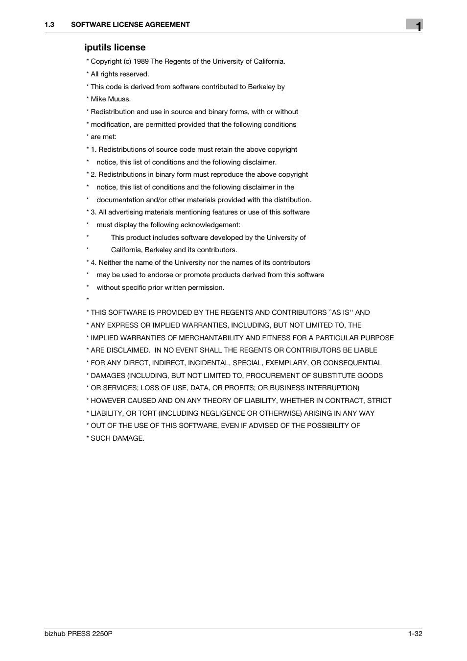 Iputils license | Konica Minolta bizhub PRESS 2250P User Manual | Page 34 / 92