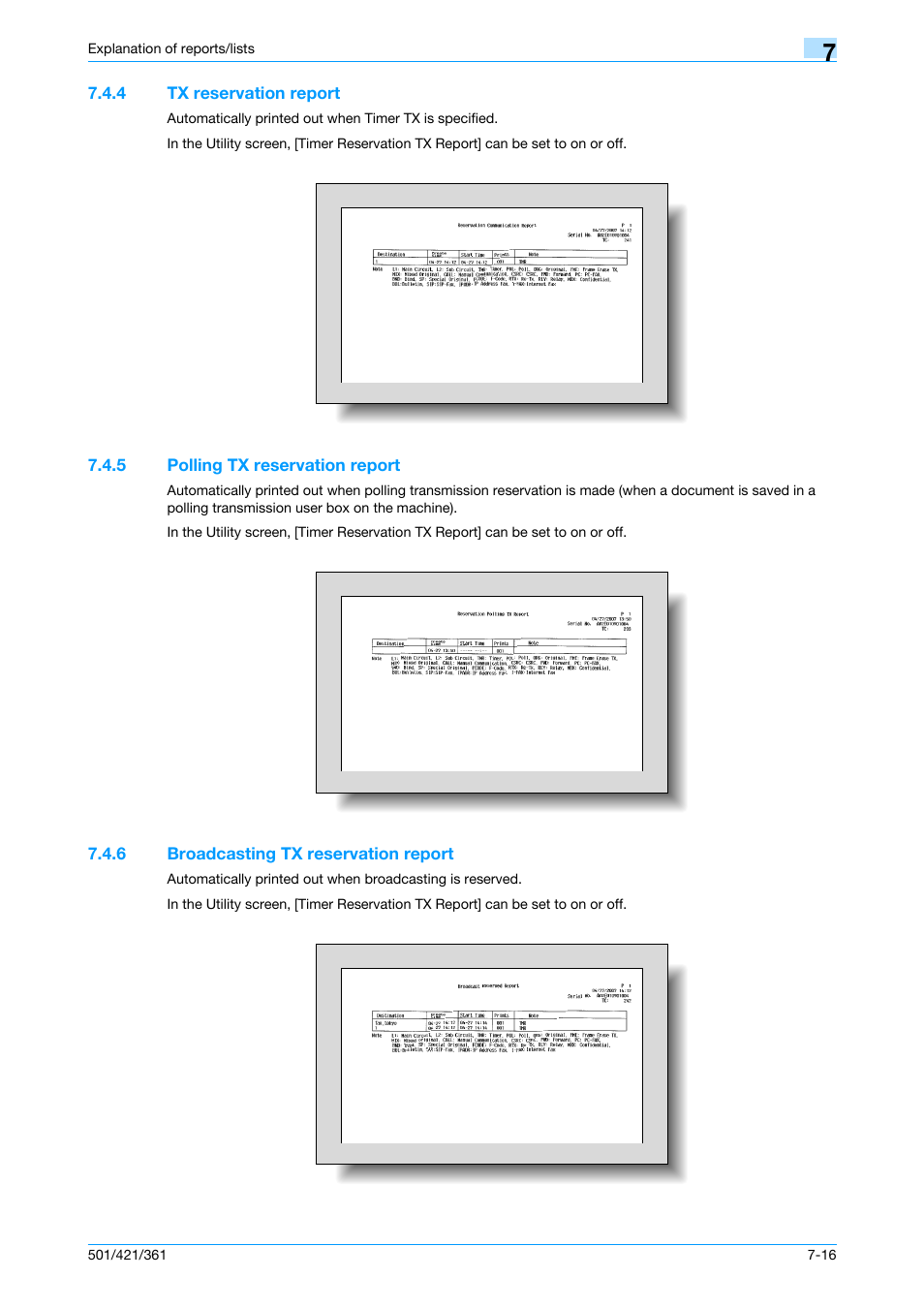 4 tx reservation report, 5 polling tx reservation report, 6 broadcasting tx reservation report | Tx reservation report -16, Polling tx reservation report -16, Broadcasting tx reservation report -16 | Konica Minolta bizhub 421 User Manual | Page 164 / 321