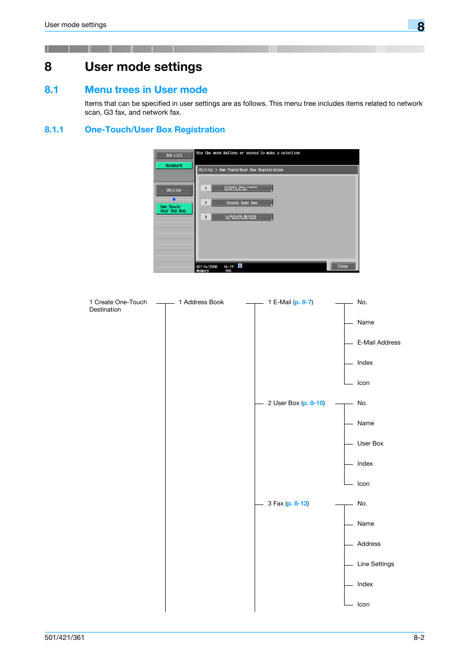 8 user mode settings, 1 menu trees in user mode, 1 one-touch/user box registration | User mode settings, Menu trees in user mode -2, One-touch/user box registration -2, 8user mode settings | Konica Minolta bizhub 421 User Manual | Page 173 / 321