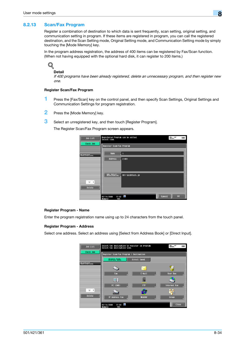 13 scan/fax program, Register scan/fax program, Register program - name | Register program - address, P. 8-34 | Konica Minolta bizhub 421 User Manual | Page 205 / 321