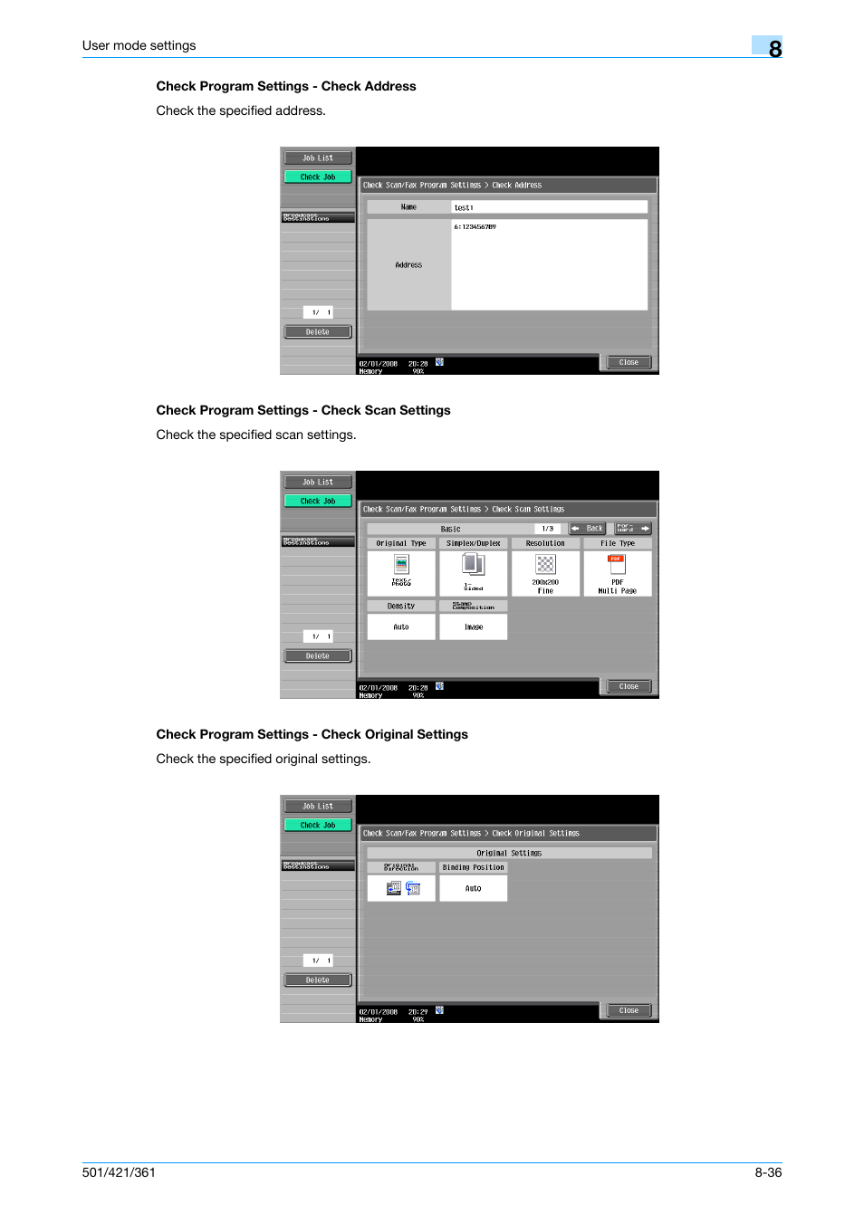 Check program settings - check address, Check program settings - check scan settings, Check program settings - check original settings | P. 8-36 | Konica Minolta bizhub 421 User Manual | Page 207 / 321