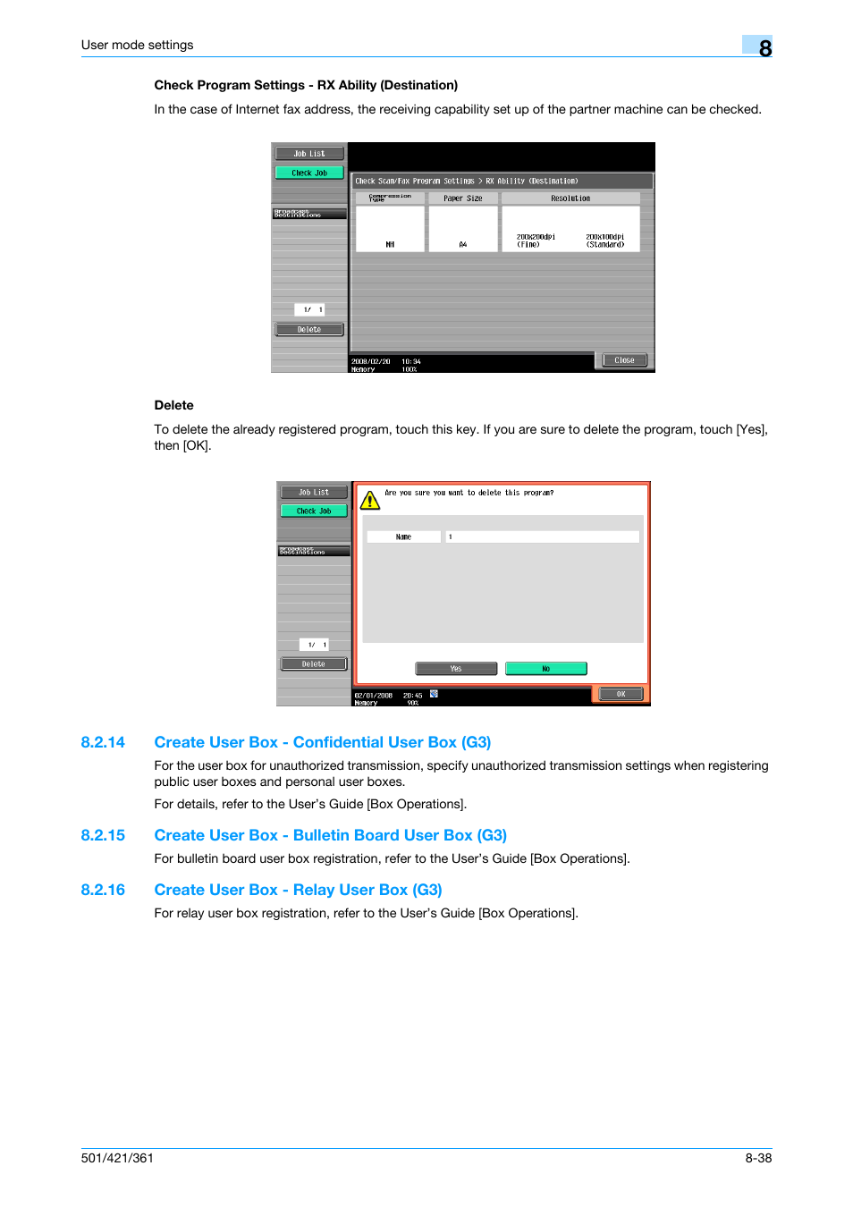 Check program settings - rx ability (destination), Delete, 14 create user box - confidential user box (g3) | 15 create user box - bulletin board user box (g3), 16 create user box - relay user box (g3), Create user box - confidential user box (g3) -38, Create user box - bulletin board user box (g3) -38, Create user box - relay user box (g3) -38, P. 8-38 | Konica Minolta bizhub 421 User Manual | Page 209 / 321