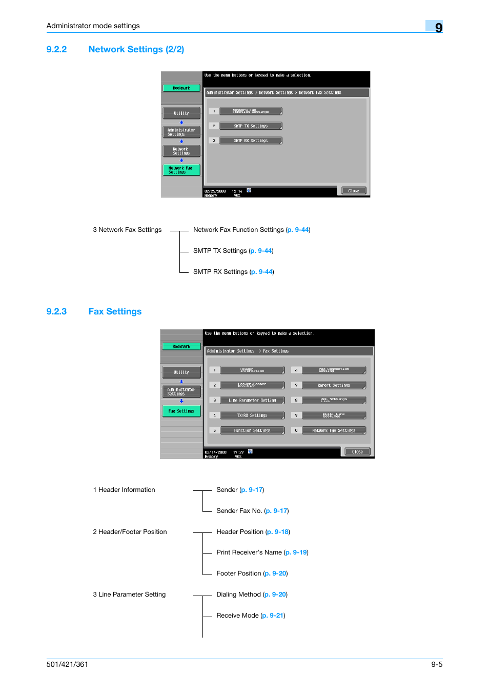 2 network settings (2/2), 3 fax settings, Network settings (2/2) -5 | Fax settings -5 | Konica Minolta bizhub 421 User Manual | Page 222 / 321