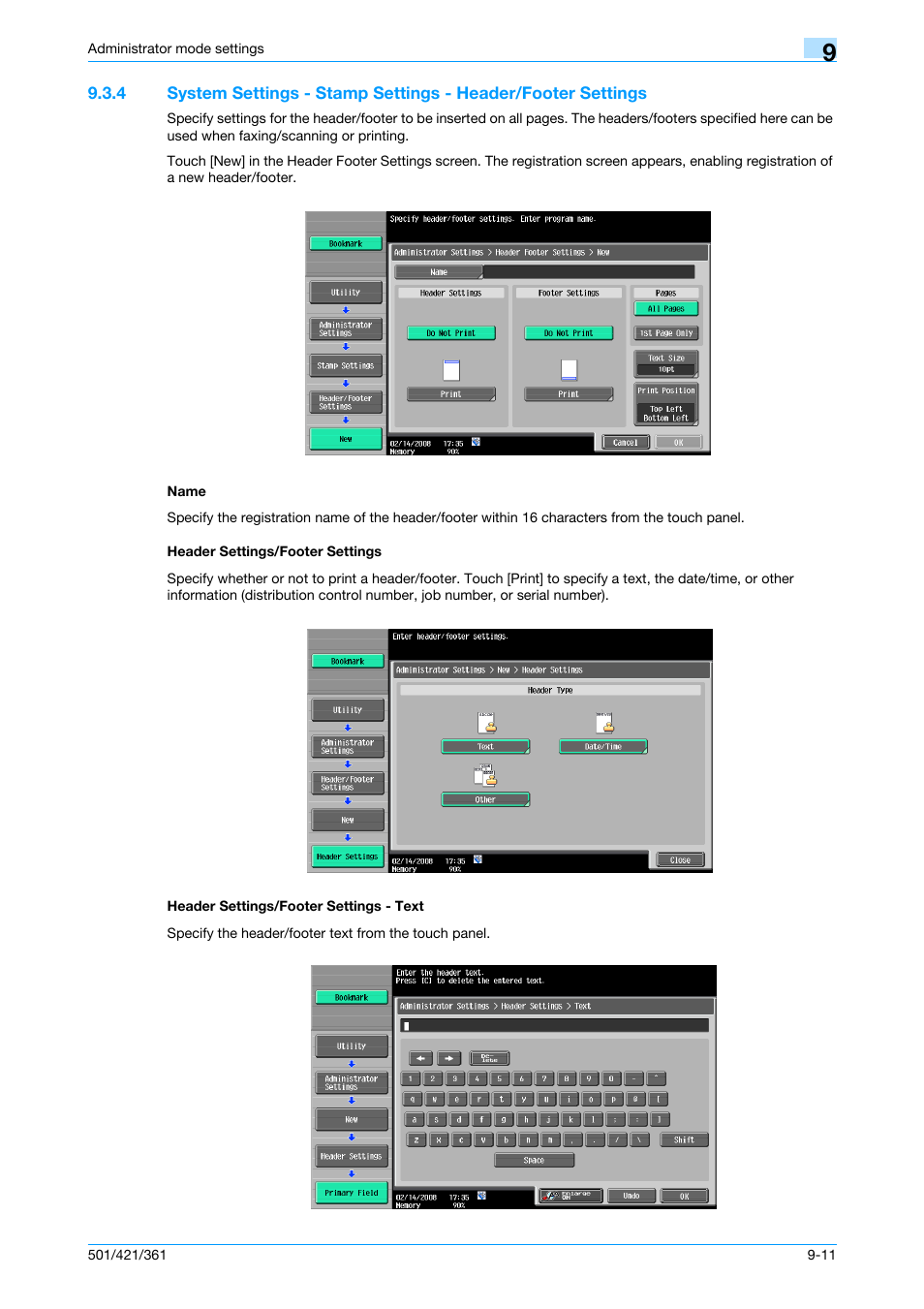 Name, Header settings/footer settings, Header settings/footer settings - text | Refer to, System settings - stamp settings - header/footer, P. 9-11, Tings | Konica Minolta bizhub 421 User Manual | Page 228 / 321